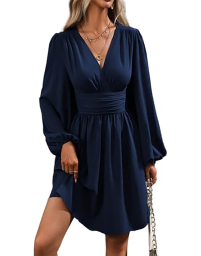 Vangreynve Damen Minikleid V-Ausschnitt A-Linie Kleider Elegant Hohe Taille Langarm Freizeitkleid Lange Ärmel-Blau 1 XL Vangreynve Damen Minikleid V-Ausschnitt A-Linie Kleider Elegant Hohe Taille Langarm Freizeitkleid Lange Ärmel-Blau 1 XL von Vangreynve