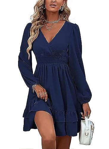 Vangreynve Damen Minikleid V-Ausschnitt A-Linie Kleider Elegant Hohe Taille Langarm Freizeitkleid Lange Ärmel-Blau L von Vangreynve