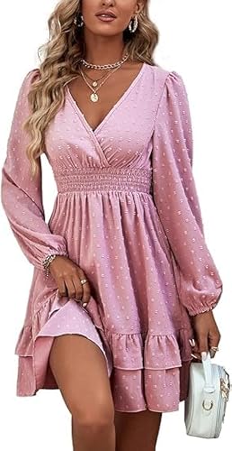 Vangreynve Damen Minikleid V-Ausschnitt A-Linie Kleider Elegant Hohe Taille Langarm Freizeitkleid Lange Ärmel-Rosa L von Vangreynve