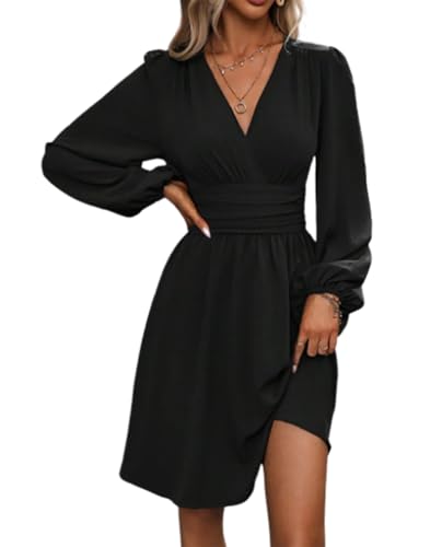 Vangreynve Damen Minikleid V-Ausschnitt A-Linie Kleider Elegant Hohe Taille Langarm Freizeitkleid Lange Ärmel-Schwarz 1 XXL Vangreynve Damen Minikleid V-Ausschnitt A-Linie Kleider Elegant Hohe Taille Langarm Freizeitkleid Lange Ärmel-Schwarz 1 XXL von Vangreynve