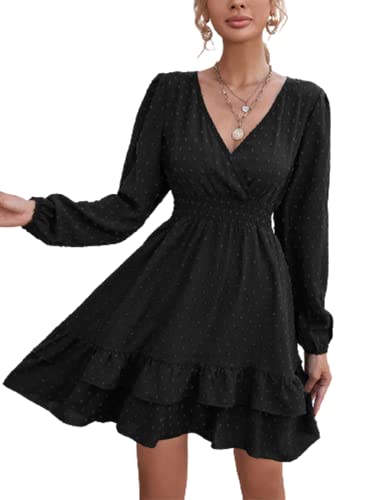 Vangreynve Damen Minikleid V-Ausschnitt A-Linie Kleider Elegant Hohe Taille Langarm Freizeitkleid Lange Ärmel-Schwarz XXL Vangreynve Damen Minikleid V-Ausschnitt A-Linie Kleider Elegant Hohe Taille Langarm Freizeitkleid Lange Ärmel-Schwarz XXL von Vangreynve