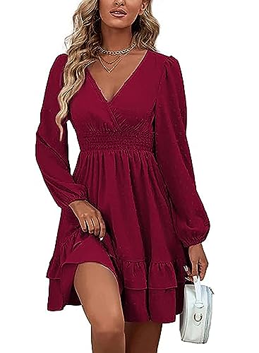 Vangreynve Damen Minikleid V-Ausschnitt A-Linie Kleider Elegant Hohe Taille Langarm Freizeitkleid Lange Ärmel-Weinrot L von Vangreynve