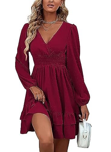 Vangreynve Damen Minikleid V-Ausschnitt A-Linie Kleider Elegant Hohe Taille Langarm Freizeitkleid Lange Ärmel-Weinrot XXL Vangreynve Damen Minikleid V-Ausschnitt A-Linie Kleider Elegant Hohe Taille Langarm Freizeitkleid Lange Ärmel-Weinrot XXL von Vangreynve