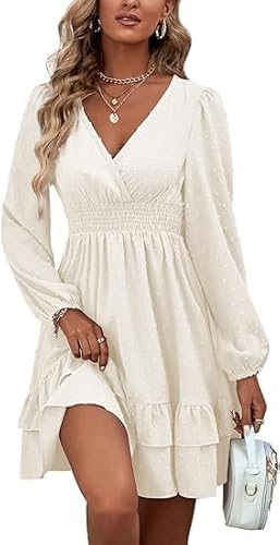 Vangreynve Damen Minikleid V-Ausschnitt A-Linie Kleider Elegant Hohe Taille Langarm Freizeitkleid Lange Ärmel-Weiß XXL Vangreynve Damen Minikleid V-Ausschnitt A-Linie Kleider Elegant Hohe Taille Langarm Freizeitkleid Lange Ärmel-Weiß XXL von Vangreynve