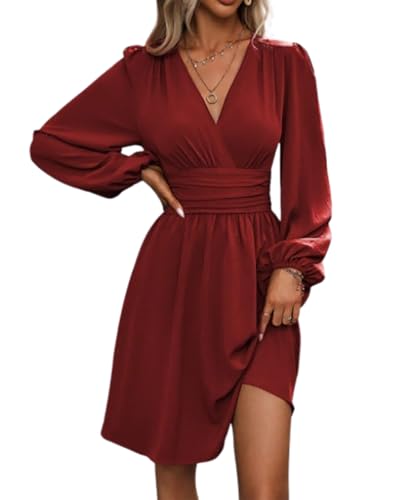 Vangreynve Damen Minikleid V-Ausschnitt A-Linie Kleider Elegant Hohe Taille Langarm Freizeitkleid Lange Ärmel-weinrot 1 M Vangreynve Damen Minikleid V-Ausschnitt A-Linie Kleider Elegant Hohe Taille Langarm Freizeitkleid Lange Ärmel-weinrot 1 M von Vangreynve