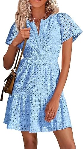 Vangreynve Damen Sommerkleid Hohe Taille Kleid Puff Ärmel Casual Tunika Minikleid Blau XL Vangreynve Damen Sommerkleid Hohe Taille Kleid Puff Ärmel Casual Tunika Minikleid Blau XL von Vangreynve