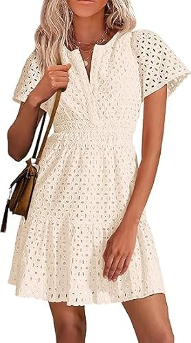 Vangreynve Damen Sommerkleid Hohe Taille Kleid Puff Ärmel Casual Tunika Minikleid Weiß XL von Vangreynve