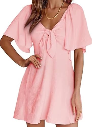 Vangreynve Damen Sommerkleid Rüschen Swing Strandkleid Elegant A-Linie Minikleid Rosa L von Vangreynve