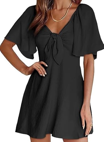 Vangreynve Damen Sommerkleid Rüschen Swing Strandkleid Elegant A-Linie Minikleid Schwarz XL von Vangreynve