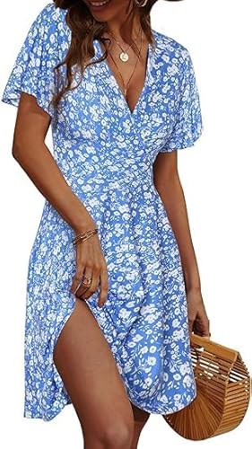 Vangreynve Damen Sommerkleid V Ausschnitt Kurzarm Freizeitkleider Sommer Strand Blumen Dress Blau M von Vangreynve