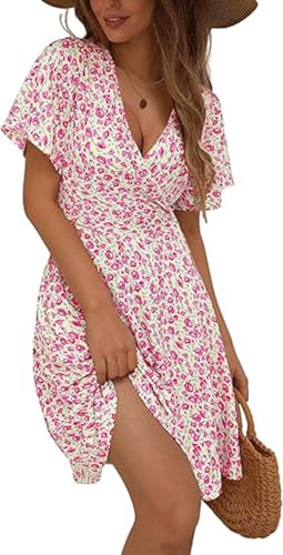 Vangreynve Damen Sommerkleid V Ausschnitt Kurzarm Freizeitkleider Sommer Strand Blumen Dress Rose Rot M von Vangreynve