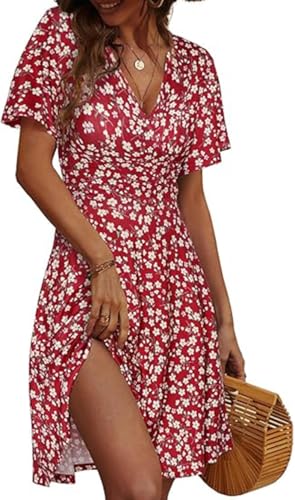 Vangreynve Damen Sommerkleid V Ausschnitt Kurzarm Freizeitkleider Sommer Strand Blumen Dress Rot L von Vangreynve