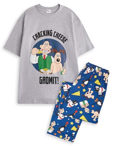 And Gromit Herren-Pyjama-Set | Cracking Cheese Erwachsene, klassisches Logo-Kurzarmoberteil und Loungewear-Hose mit Allover-Grafik in Grau und Marineblau | Merchandise-Geschenk zur klassischen von Vanilla Underground