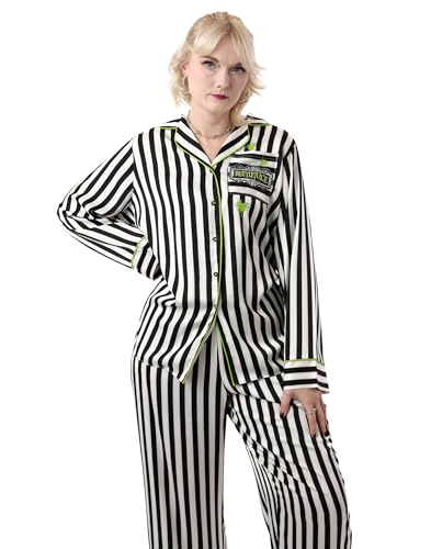 Beetlejuice Damen Gestreiftes Pyjama Set in Schwarz und Weiß | Langärmelige Langbeinige PJs | Beetlejuice Damen Nachtwäsche | Gemütliches Schlafanzug Set für Frauen | Gothic Stil Schlaf Set von Vanilla Underground