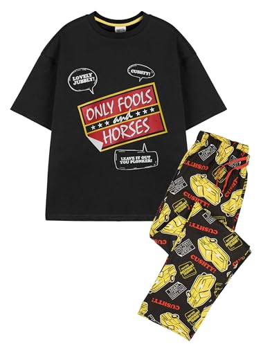 Fools & Horses Herren-Pyjama-Set | Cushty Erwachsenen-Kurzarmoberteil mit klassischem Logo und Loungewear-Hose mit Allover-Grafik in Schwarz | Klassisches TV-Comedy-Show-Merchandise-Geschenk von Vanilla Underground