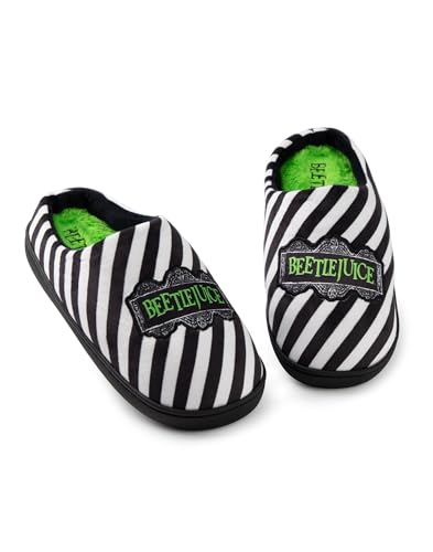 Vanilla Underground Beetlejuice Schwarze Unisex Mule Hausschuhe | Ikonische Logo-Design-Hausschuhe | Bequeme Slip-On-Schuhe | Klassische Tim Burton Film Merchandise von Vanilla Underground