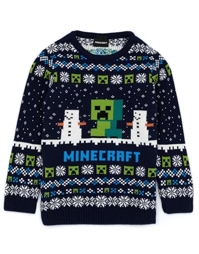Minecraft Weihnachtspullover für Jungen | Kinder-Strickpullover mit Creeper- und Schneegolem-Charakteren in Blau | Selburose-Muster-Festtagspullover für Kinder mit Schneemännern von Vanilla Underground