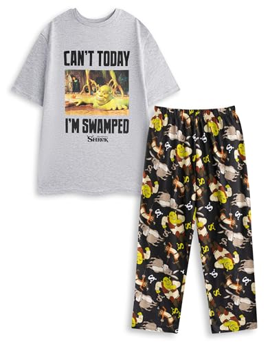Vanilla Underground Shrek Herren-Pyjama-Set mit kurzen Ärmeln und Langen Beinen, Grau | Can't Today I'm Swamped Graphic Loungewear | Nachtwäsche mit Esel-Charakter-Print von Vanilla Underground