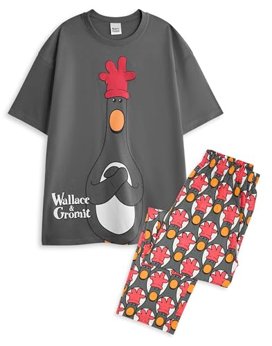 Vanilla Underground Wallace and Gromit Herren-Pyjama-Set, 2-teilig | Graue und rote Allover-Print-Unterteile mit langem Bein und kurzärmliges Nachtoberteil für Erwachsene von Vanilla Underground