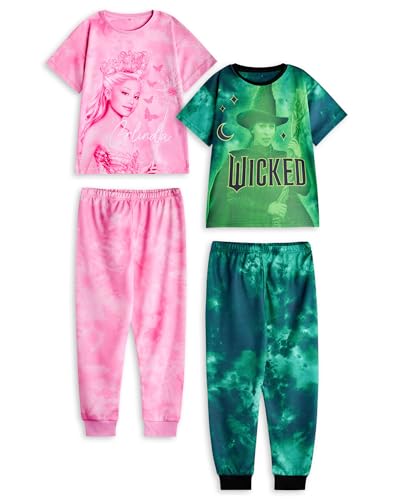 Wicked Mädchen-Pyjama-Set im 2er-Pack | Kinder Pink & Grün Glinda & Elphaba Charakter-Grafikdruck Kurzarm-Oberteil & lange Pyjamahose | Kinder Hexe Wicked Logo Nachtwäsche | Film-Merchandise-Geschenk von Vanilla Underground