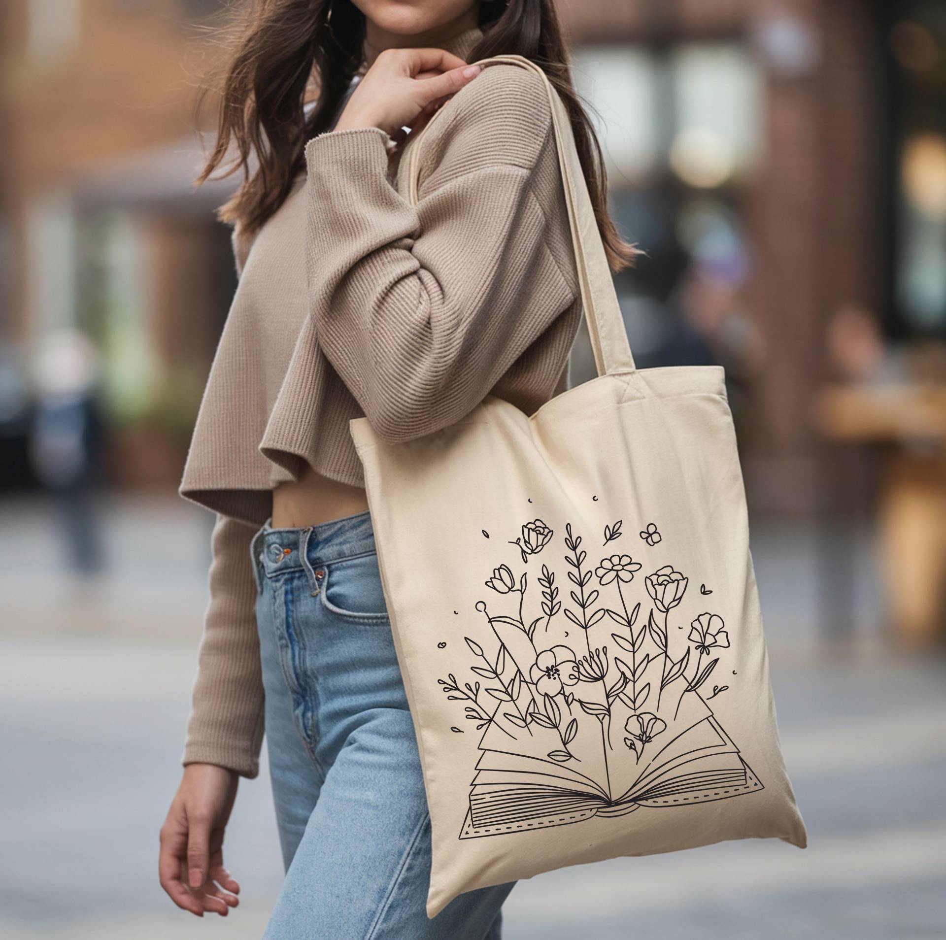 Tragetasche, Tragetasche Mit Blumen, Fineline Bücher & Stofftasche Blumenmuster, Floraler Design, Jutebeutel Für Frauen von VanisPrintWorld