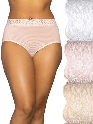 Vanity Fair Damen Schmeichelhafte Spitzenhöschen Unterwäsche, Slip – 3er-Pack – Quarz/Weiß/neutrale Streifen, 34 von Vanity Fair