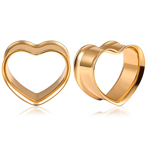 Vankula Ohr Flesh Tunnel Double Flared Plug Herz Edelstahl Ohrpiercing Gestreckte Schmuck für männer damen 14mm(9/16") Gold von Vankula