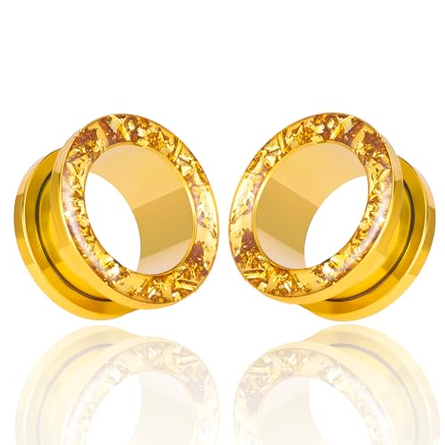 Vankula Ohr Tunnel 1 Paar Double Flared Flesh Plugs Glitzer Edelstahl für männer damen Ohrpiercing Gestreckte Schmuck 6mm(2G) Gold von Vankula