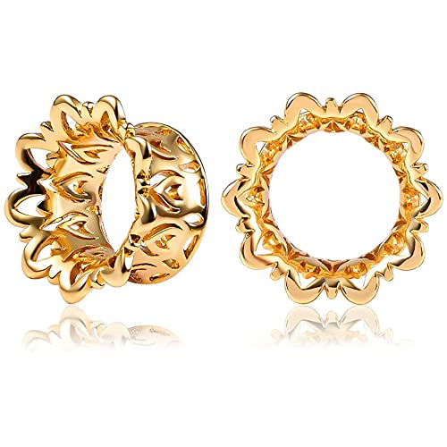 Vankula Ohr Tunnel 1 Paar Double Flared Flesh Plugs Hohl Blume für männer damen Ohrpiercing Gestreckte Schmuck 14mm(9/16") Gold von Vankula