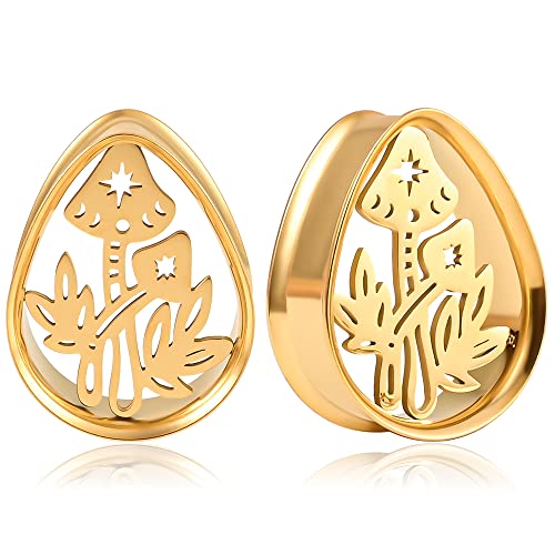 Vankula Ohr Tunnel 1 Paar Double Flared Flesh Plugs Tropfen Flor Edelstahl für männer damen Ohrpiercing Gestreckte Schmuck 8mm(0G) Flor Gold von Vankula