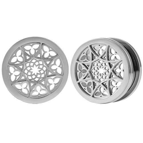 Vankula Ohr Tunnel 1 Paar Double Flared Flesh Plugs Vintage Blume Edelstahl für männer damen Ohrpiercing Schmuck 16mm(5/8") Silber von Vankula