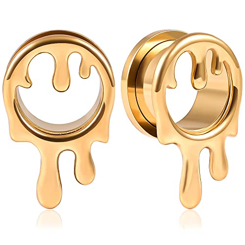 Vankula Ohr Tunnel 1 Paar Double Flared Flesh Plugs Wassertropfen Edelstahl für männer damen Ohrpiercing Schmuck 10mm(00G) Gold von Vankula