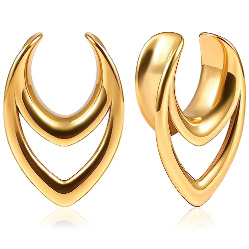 Vankula Ohr Tunnel 1 Paar Saddles Flesh Plugs Hohl Tropfen Edelstahl für männer damen Ohrpiercing Gestreckte Schmuck 12mm(1/2") Gold von Vankula