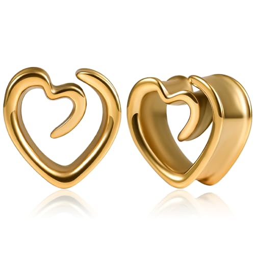 Vankula Ohr Tunnel 1 Paar Saddles Flesh Plugs Spirale Herz Edelstahl für männer damen Ohrpiercing Gestreckte Schmuck 12mm(9/16") Gold von Vankula