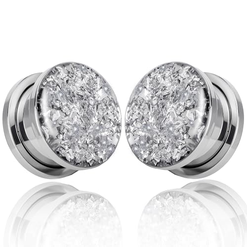 Vankula Ohr Tunnel 1 Paar Single Flared Flesh Plugs Glitzer Edelstahl für männer damen Ohrpiercing Gestreckte Schmuck 6mm(2G) Silber von Vankula