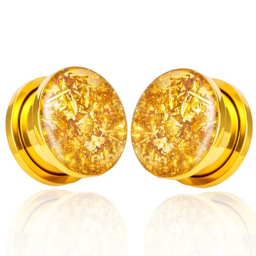 Vankula Ohr Tunnel 1 Paar Single Flared Flesh Plugs Glitzer Edelstahl für männer damen Ohrpiercing Gestreckte Schmuck 8mm(0G) Gold von Vankula