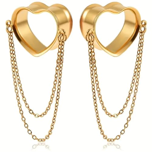 Vankula Ohr Tunnel mit anhänger Double Flared Flesh Plug Herz mit Kette Edelstahl für männer damen Ohrpiercing Gestreckte Schmuck 12mm(1/2") Gold von Vankula
