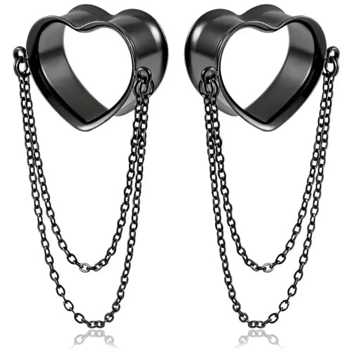 Vankula Ohr Tunnel mit anhänger Double Flared Flesh Plug Herz mit Kette Edelstahl für männer damen Ohrpiercing Gestreckte Schmuck 19mm(3/4") Schwarz von Vankula