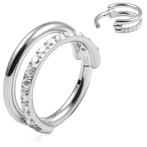 Vankula Septum Ring G23 Titanium 10mm 16g Hinged Segmentring Clicker Double Loop CZ Nasenpiercing Helix Daith Tragus Conch Piercing Schmuck für Frauen und Männer Silber von Vankula