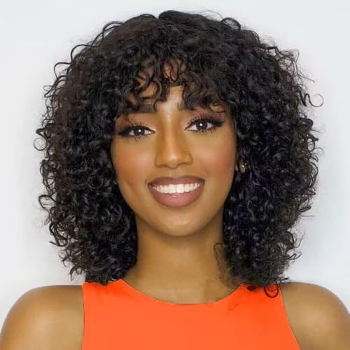 Human Hair Wig Curly Echthaar Perücke Mit Pony Curly Bob Perücken Echthaar Brasilianische Virgin Echthaar No Lace Front Perücken Für Frauen Glueless Wig Kinky-Curly 10 Inch Short Bob Wig For Women von Vanmast