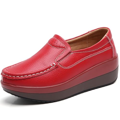Damen Bequeme Plateau Leder Wedge Walking Schuhe Mode Dicke Sohle rutschfest Weich Casual Loafer mit Fußgewölbeunterstützung, Rot/Ausflug, einfarbig (Getaway Solids), 39.5 EU von Vannida