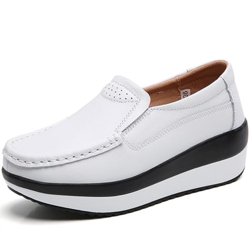 Damen Bequeme Plateau Leder Wedge Walking Schuhe Mode Dicke Sohle rutschfest Weich Casual Loafer mit Fußgewölbeunterstützung, Weiss/opulenter Garten, 39.5 EU von Vannida
