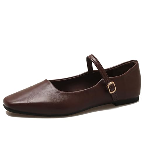Damen Klassische Retro Square Toe Flache Mary Jane Schuhe Mode und Bequeme Walking Flache Schuhe mit Schnallen, Braun, 39 EU von Vannida