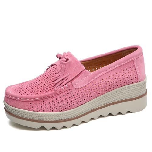 Vannida Damen-Mokassins aus Leder, Plateau-Halbschuhe, Wildlederimitat, bequem, dicke Sohle, atmungsaktive Loafer, Pink, 36 EU von Vannida