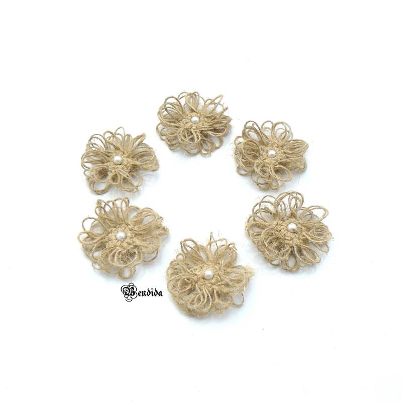 Jute Häkeln Blume Applikation, Rustikale Hochzeitsdeko, Set Von 6 von VanqG