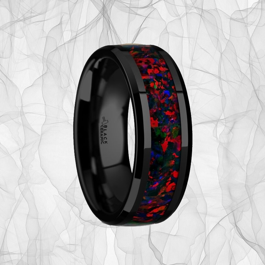 Herren Ehering Aus Schwarzer Keramik Mit Black Opal Inlay & Personalisierter Gravur von VanswedenJewelers