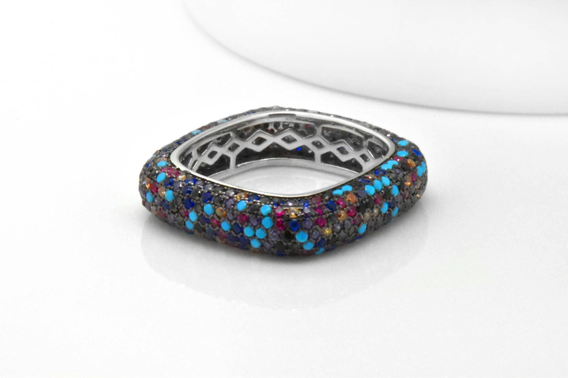 925 Sterling Silber Multicolor Micro Pave Set Multi-Edelstein Türkis Sim Saphir Breite Eternity Quadrat Band Ring von VantageJewels