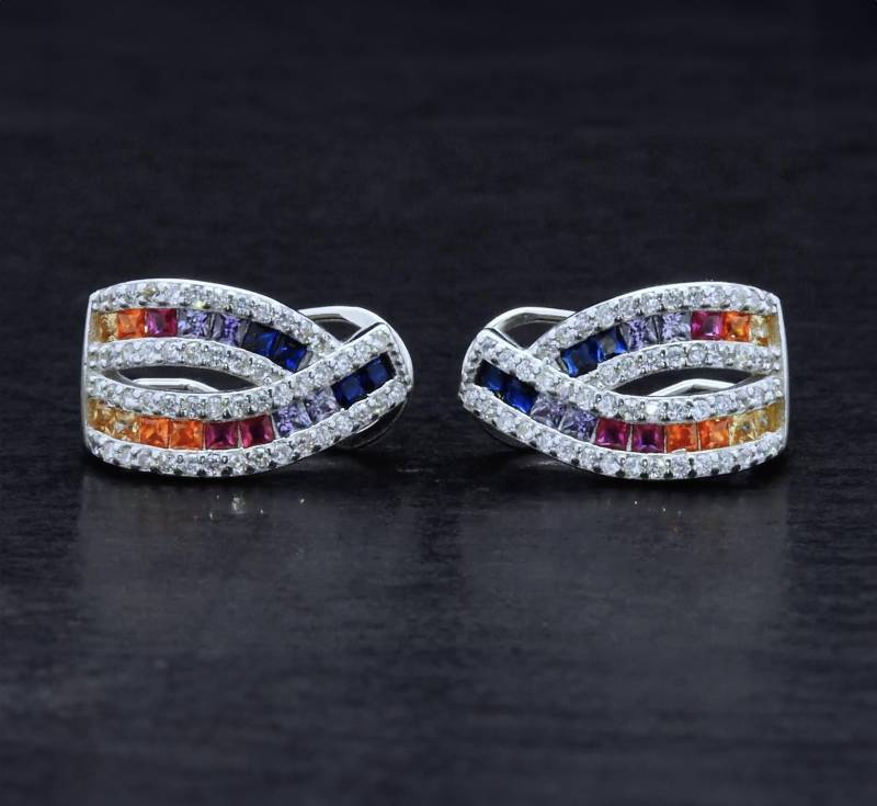 925 Sterling Silber Regenbogen Cz Omega Zurück Ohrringe | Verzierte Art Deco-Stil Elegant Back Statement Piece von VantageJewels