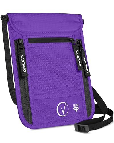 Premium Neck Wallet Travel Pouch and Passport Holder, RFID Protected, Fits Passport with cover. Passport Holder Neck For Men and Women, Violett / Schwarz, Umhängebrieftasche von Vantamo