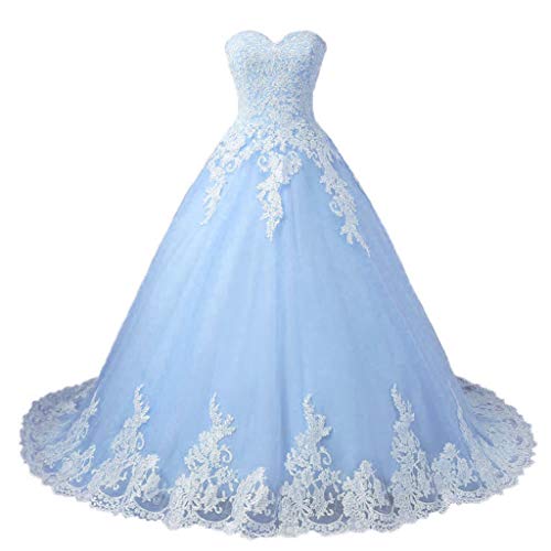 Vantexi Damen A-Linie Tüll Spitze Abendkleid Ballkleid Lang Brautkleider Hochzeitskleider Hellblau Größe 60 von Vantexi